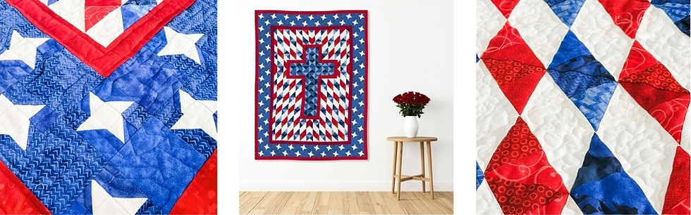 Photos of Americana quilt, with red white and blue shaped in a cross