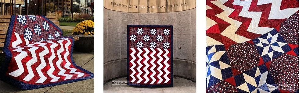 Photos of Americana quilt, with red white and blue shaped into a American Flag.