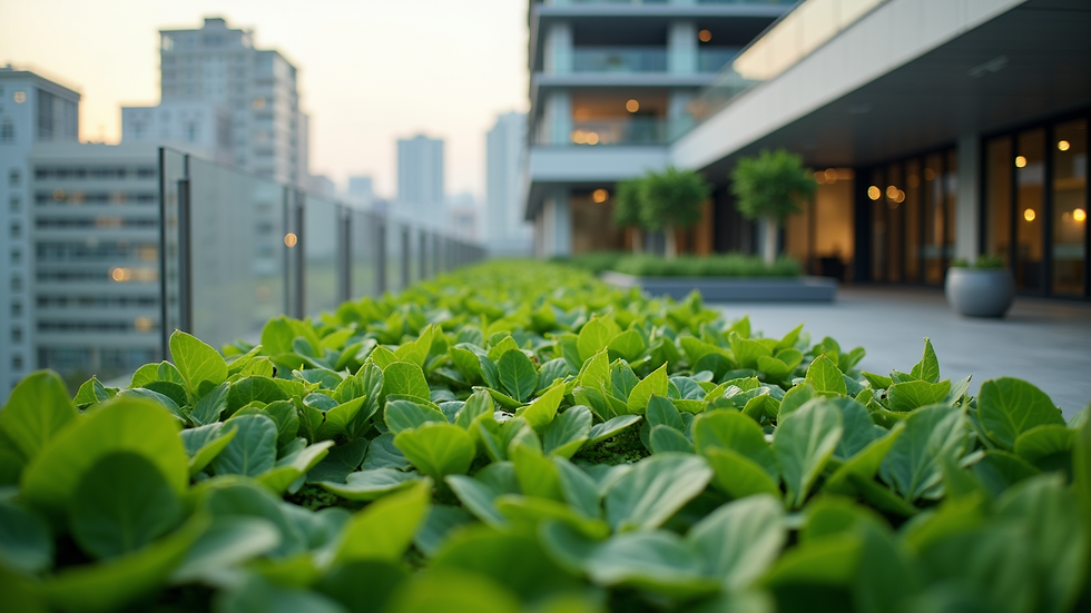 Close-up view of a green rooftop garden on a modern building