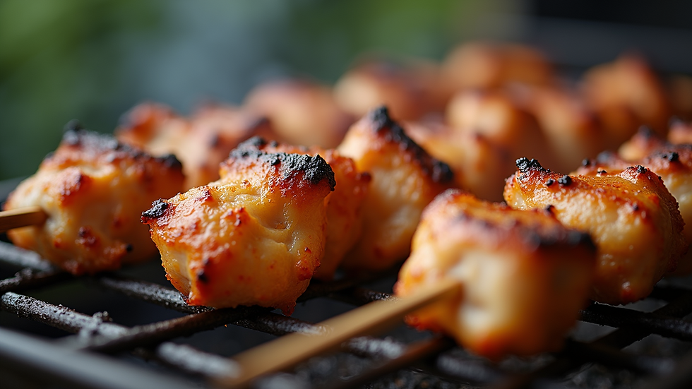 Close-up view of grilled chicken kebabs on skewers