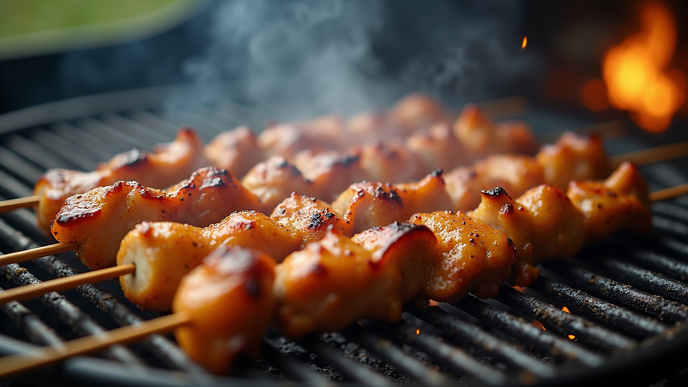 Eye-level view of marinated chicken pieces on skewers ready to grill