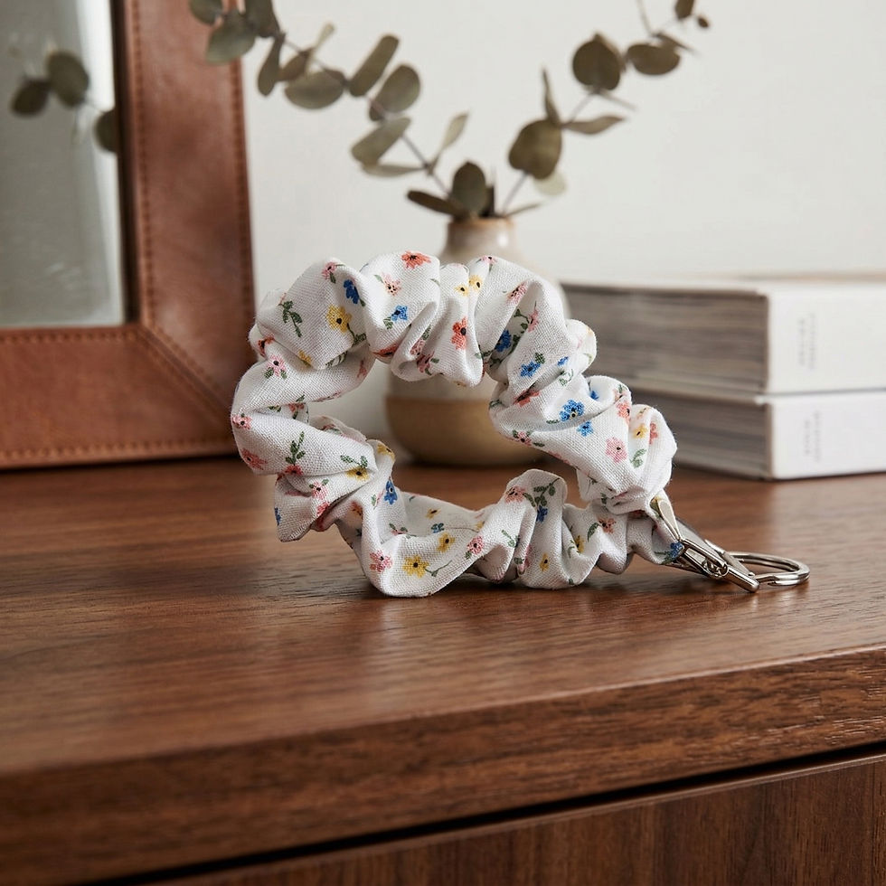 Thumbnail: Floral scrunchie keychain wristlet made from 100% cotton fabric