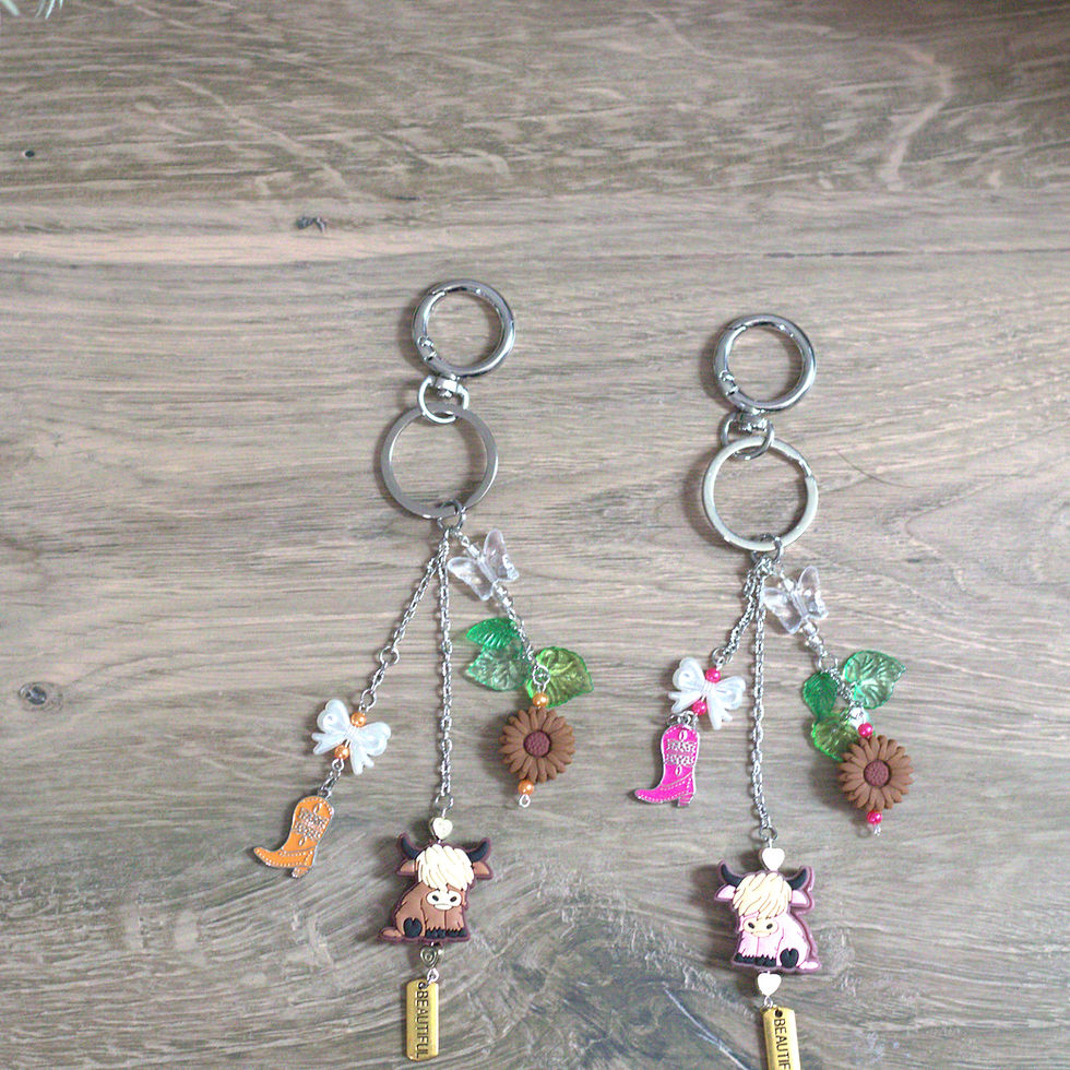Thumbnail: Highland Cow bag charms available in pink and orange.