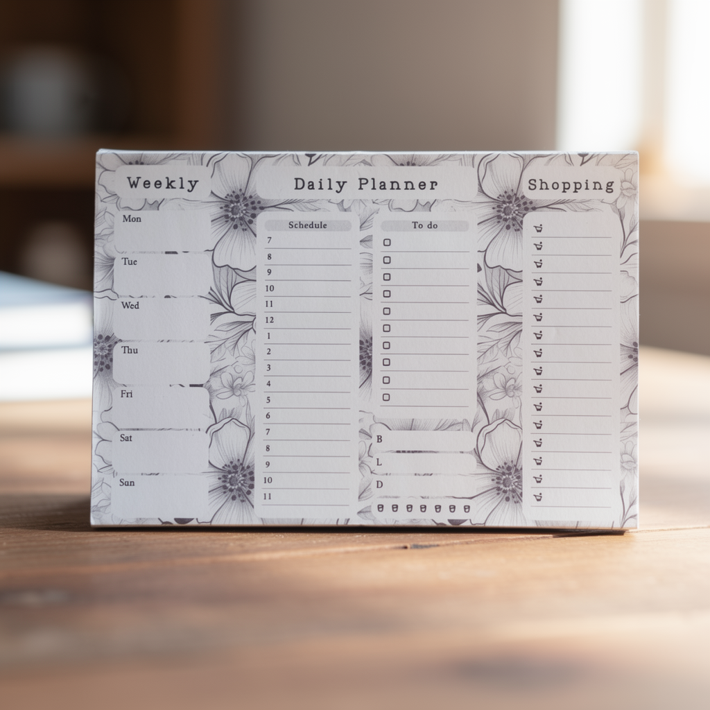 Aesthetic floral notepad Sketching in Bloom daily planner with weekly schedule and shopping list sections.