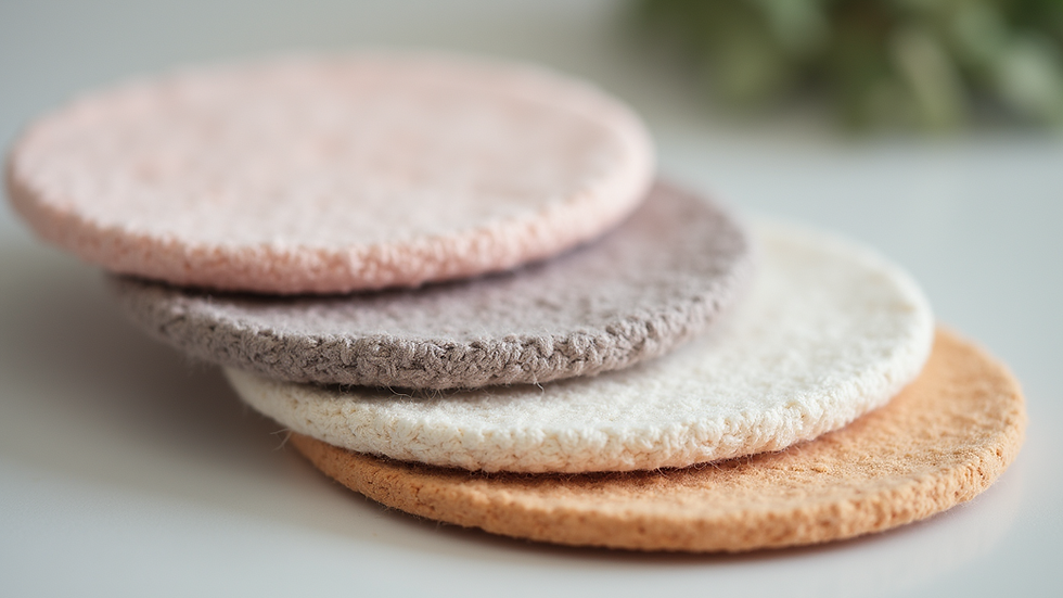 Close-up view of handmade fabric coasters with soft pastel colors