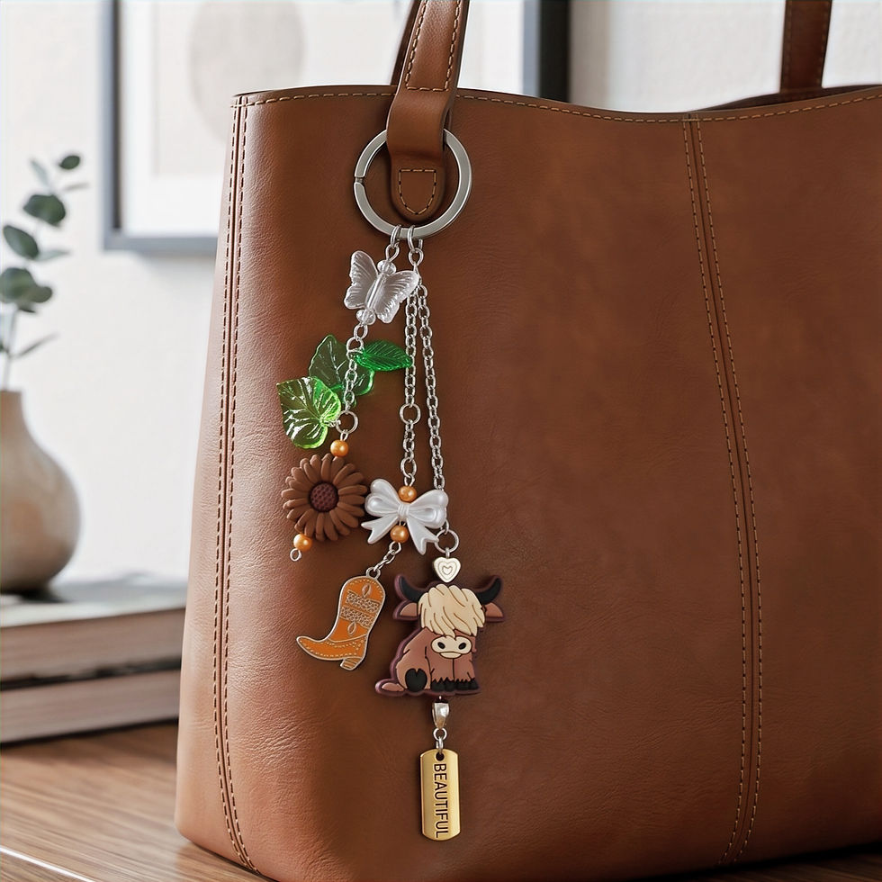 Thumbnail: Highland Cow purse charm with orange cowboy boot hanging from a brown leather tote bag.
