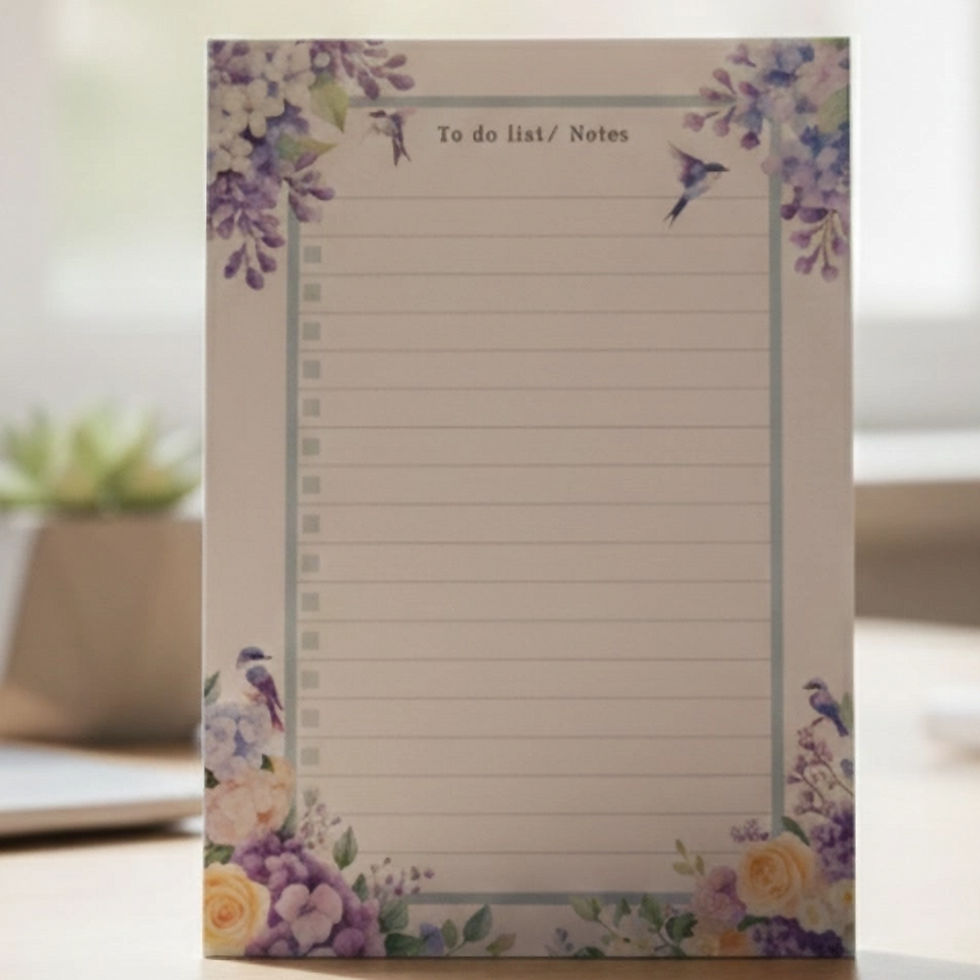 Thumbnail: Front view of floral notepad, featuring lavender flowers, small birds and a lined section for notes and lists.