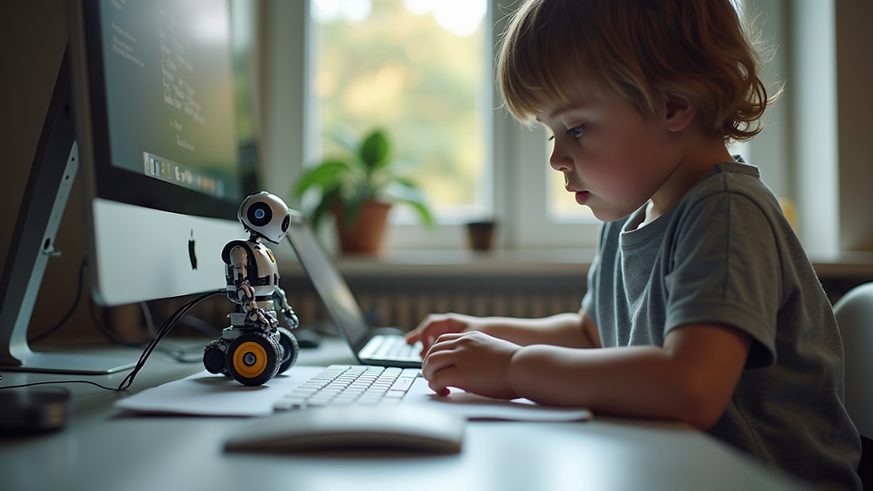 Eye-level view of a child programming a small robot on a desk