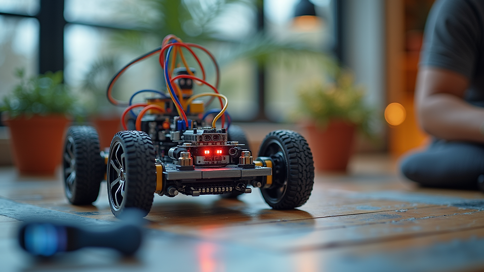 Close-up of a colorful robotics kit with sensors and motors on a table