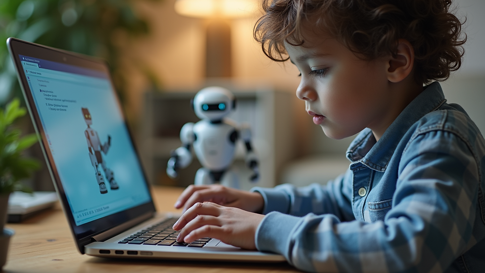 Close-up view of a child programming a robot using a laptop
