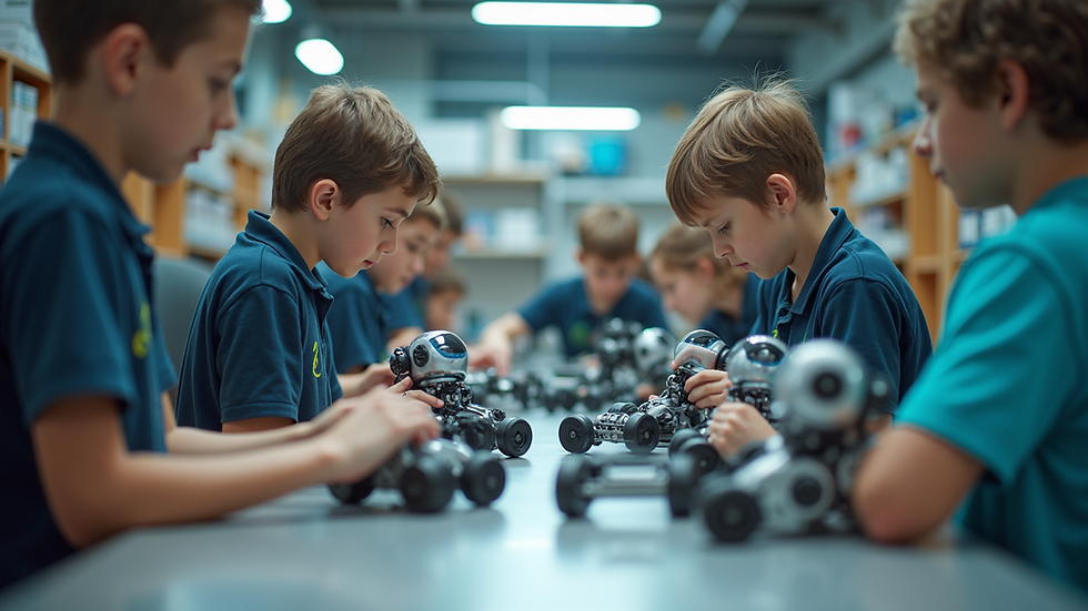 Eye-level view of a robotics workshop with children assembling robots