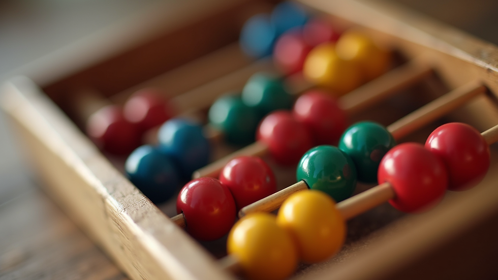 Close-up view of an abacus with colorful beads