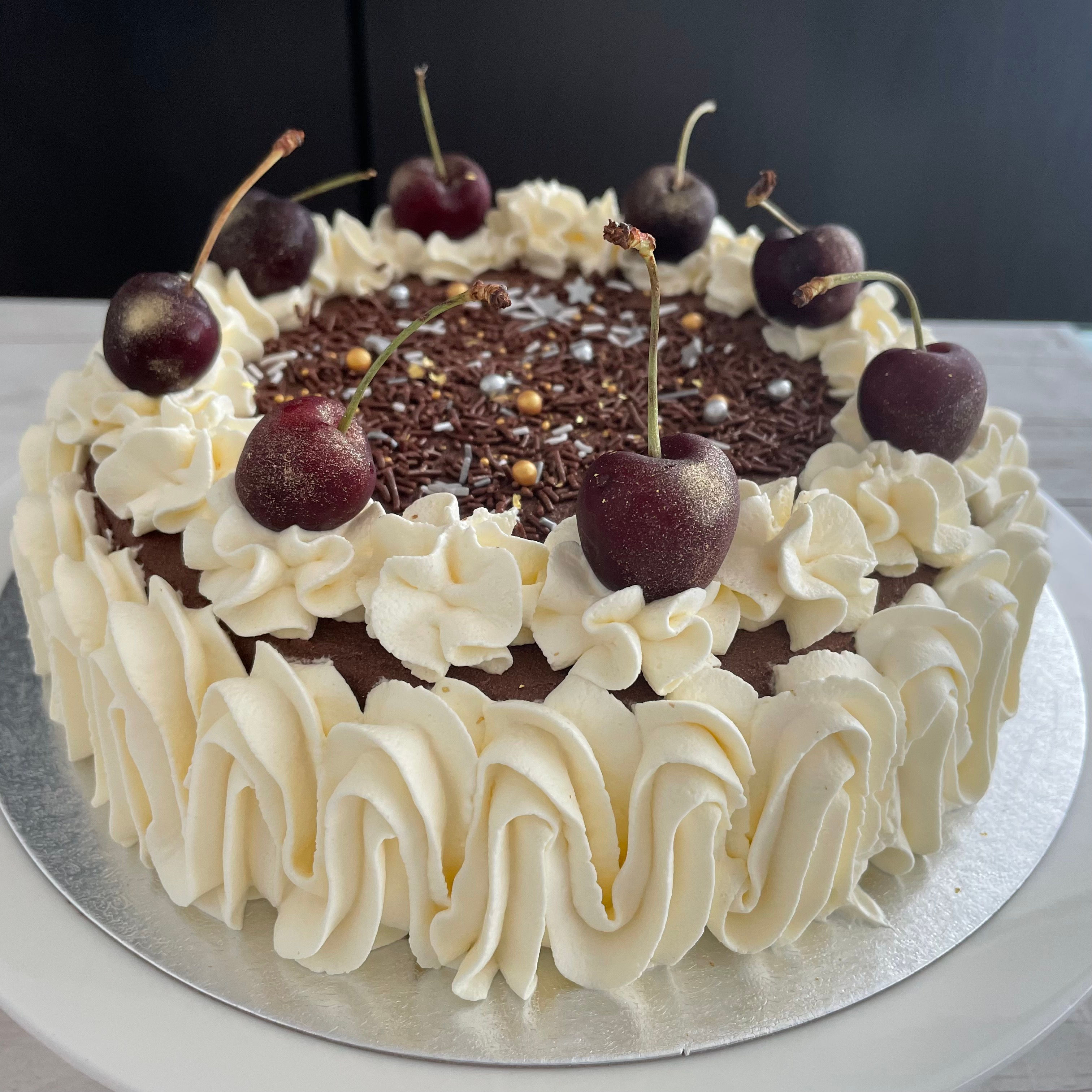 Photo of our Black Forest cake – a symphony of rich chocolate and sweet cherries