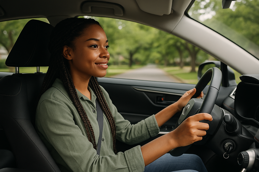 A young woman with braided hair smiles gently while driving through a leafy residential area in Austin, Texas. Her relaxed posture and focused expression reflect a positive and calm learning experience behind the wheel.