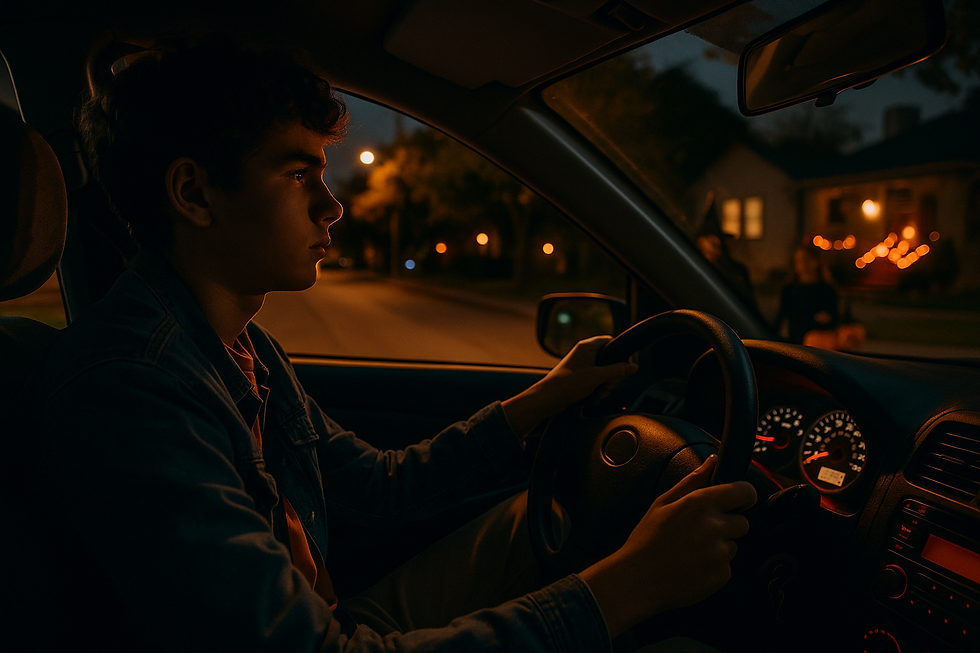 A focused teen driver sits behind the wheel at night in Austin, while headlights illuminate trick-or-treaters crossing the street in costumes.A focused teen driver sits behind the wheel at night in Austin, while headlights illuminate trick-or-treaters crossing the street in costumes.