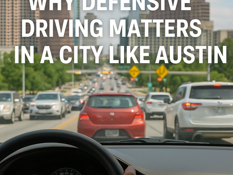 Driver’s perspective of Austin traffic with blog title overlay.