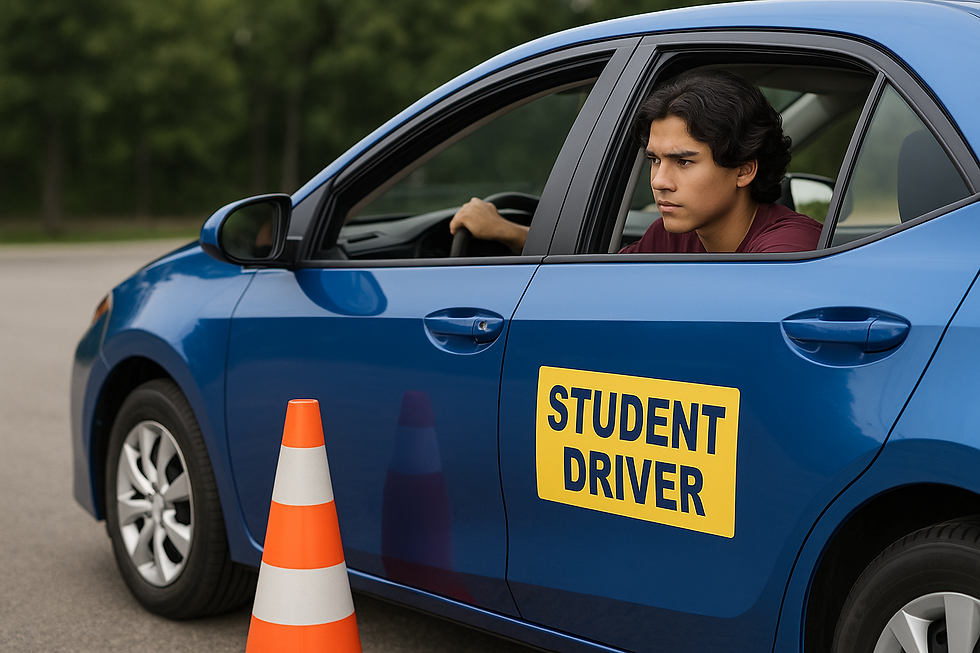 A focused student driver practices parallel parking in a blue car with a “Student Driver” sign at Travis Driving School. Orange traffic cones line the parking lot as the student prepares for the Texas road test.