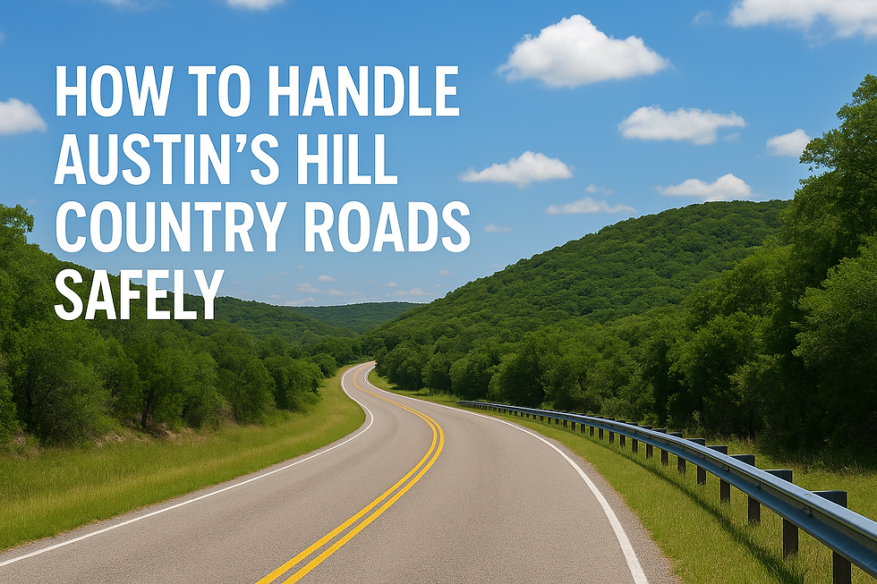 A bright digital photograph of a Hill Country road under a blue sky with fluffy clouds. Text overlay reads: “How to Handle Austin’s Hill Country Roads Safely.”