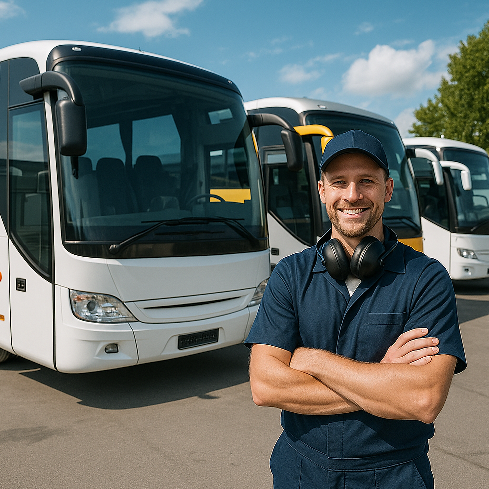 Smiling CDL driver standing confidently in front of a row of passenger buses in a bus yard