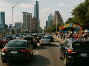 Cars driving during a festival