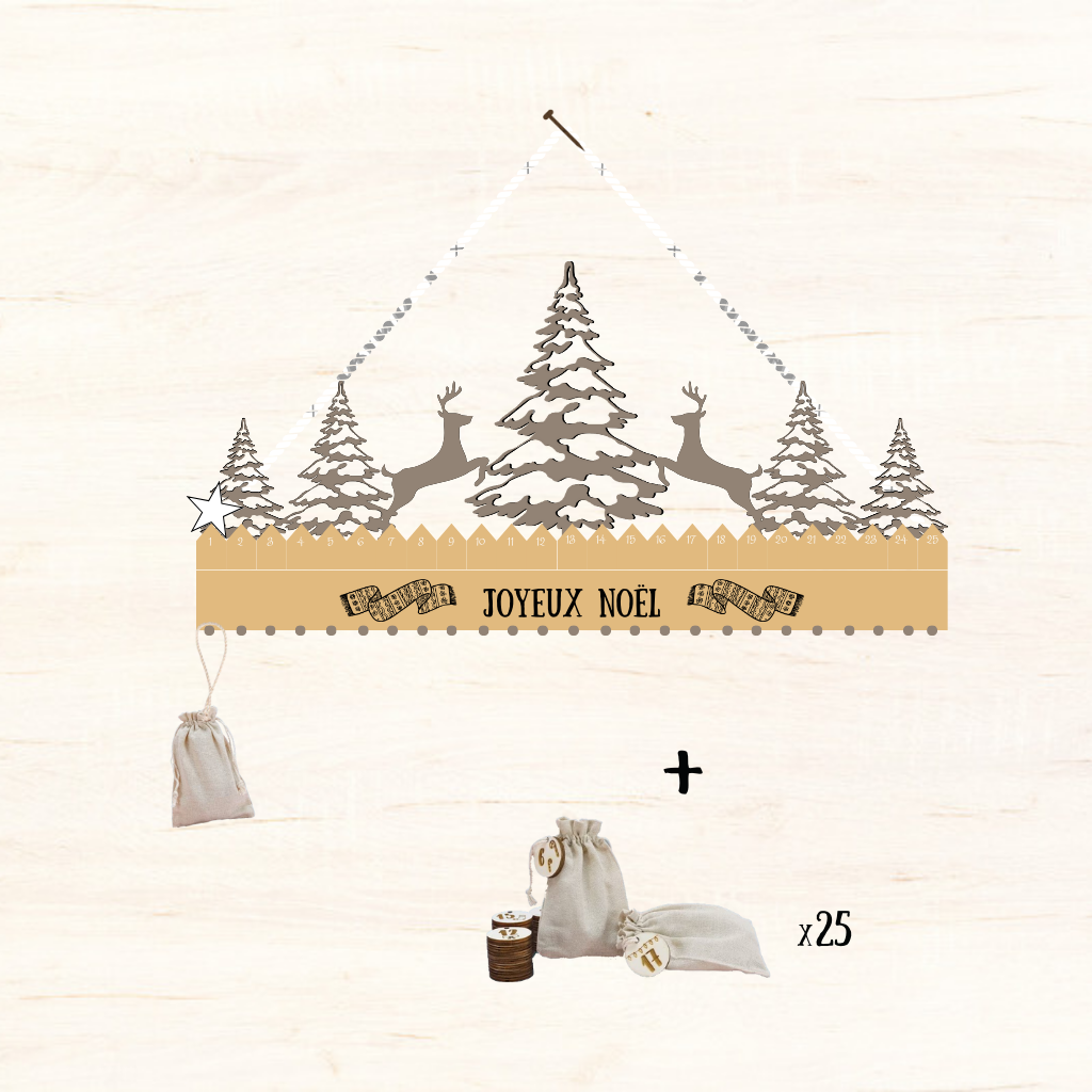Calendrier de l'Avent en Bois + 25 Petits Sacs Numérotés