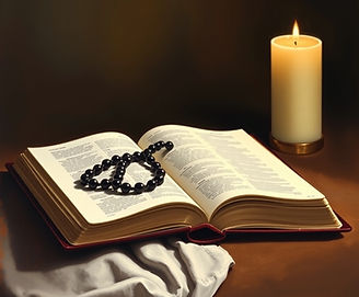 bible with a rosary on top sitting on a desk with a dim background.jpg