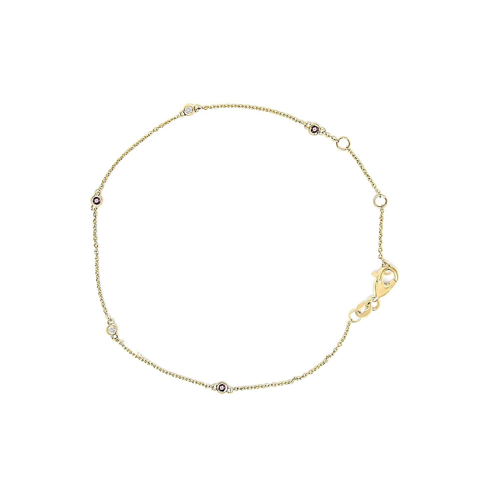 14K Yellow Gold Alternating Red Ruby and White Diamond Bezel Station Chain Brace