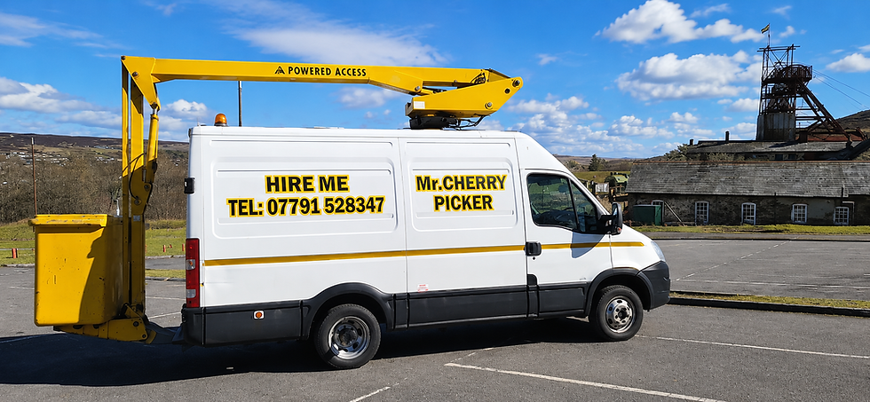 White van with cherry picker, 'Mr.Cherry Picker' & contact
