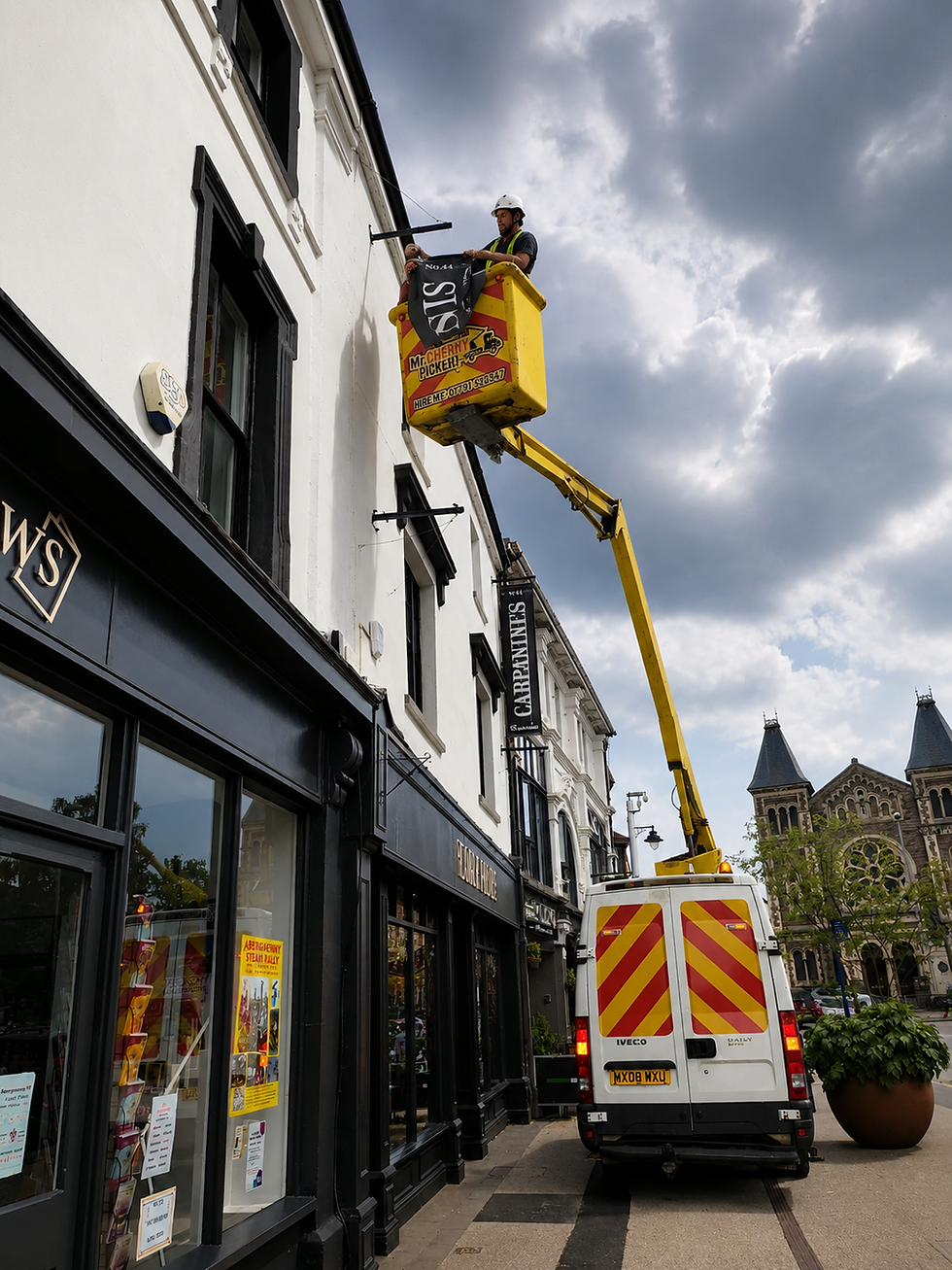 Worker on aerial lift maintaining building