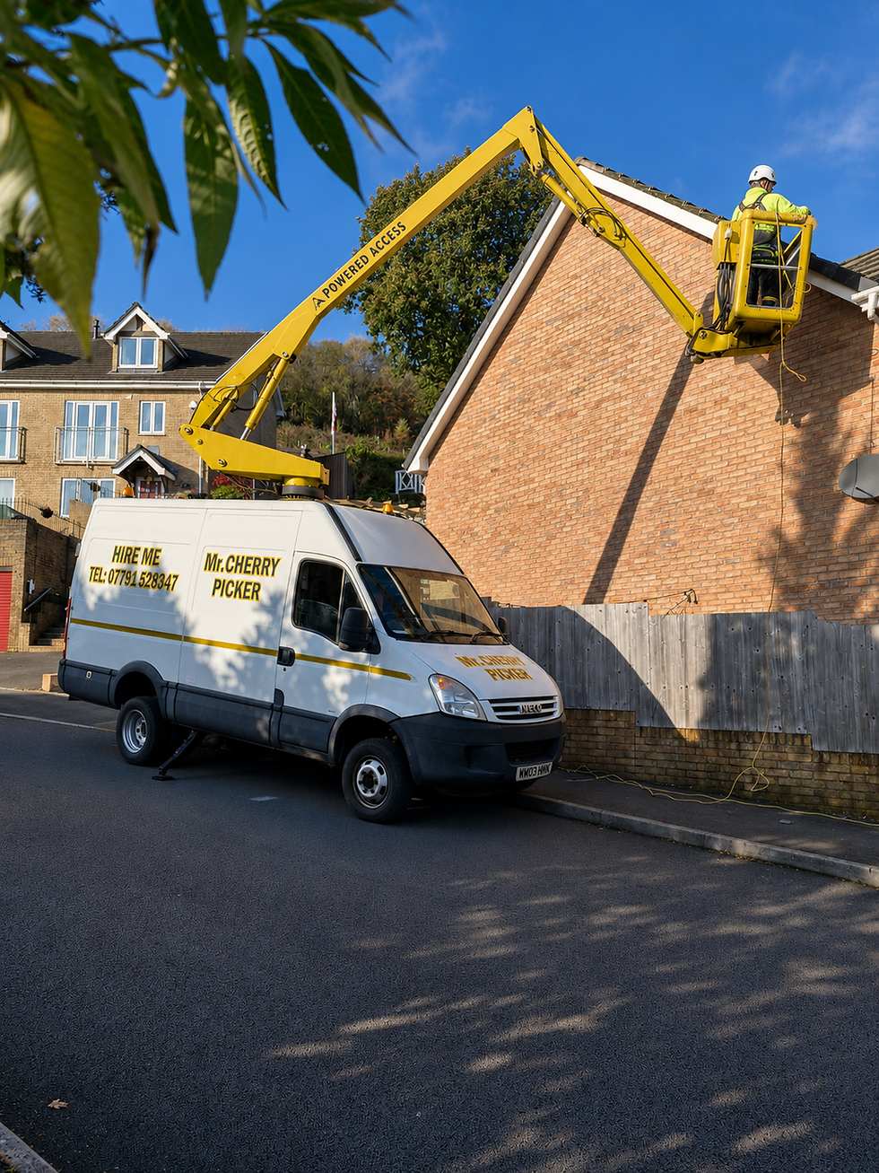Worker in yellow cherry picker inspecting brick building with van