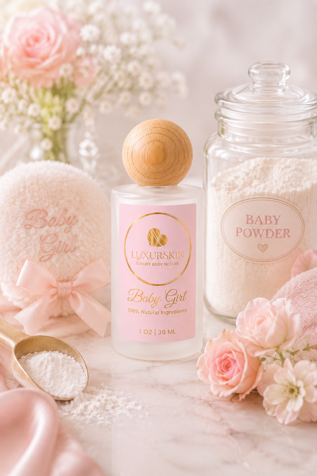 Baby Girl Luxury Natural Body Oil with a soft powder scent.