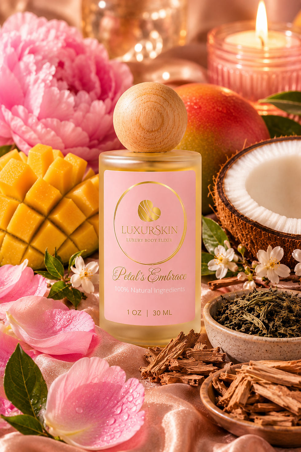 LuxurSkin Petal's Embrace Luxury Body Oil surrounded by peony, mango, white tea, white musk, coconut, and cedarwood botanical