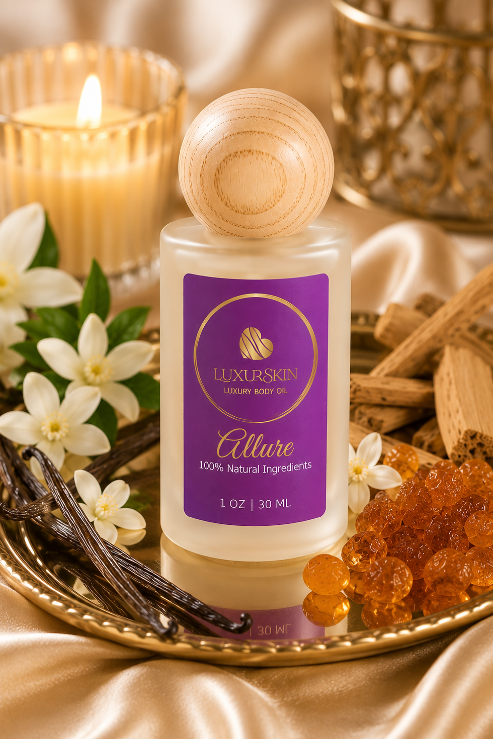Thumbnail: LuxurSkin Allure Luxury Body Oil displayed in an elegant spa-inspired setting with candles, satin, jasmine, vanilla, sandalwo