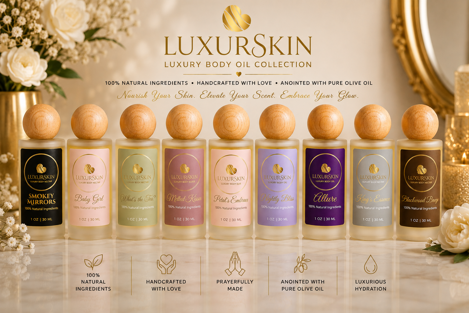 Allure Luxury Natural Body Oil bottle elegantly displayed.
