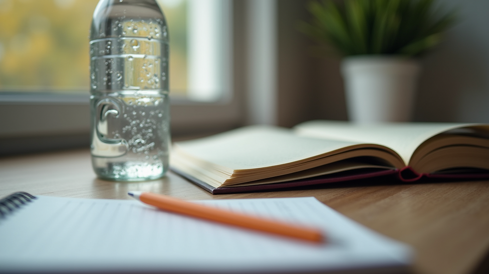 Close-up view of a tidy study desk with a water bottle and notebook