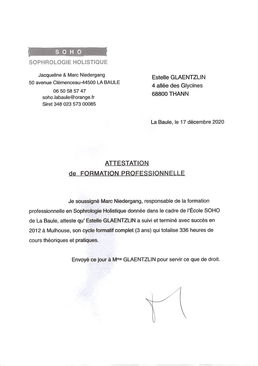 Glaentzlin Estelle sophrologie et techniques douces bien-être attestation de formation