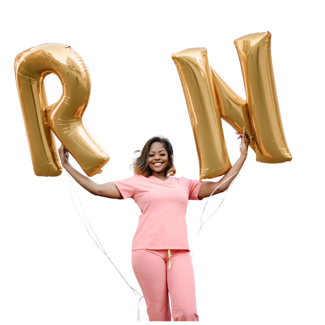 Debor’rah smiling in coral scrubs while holding gold RN balloons