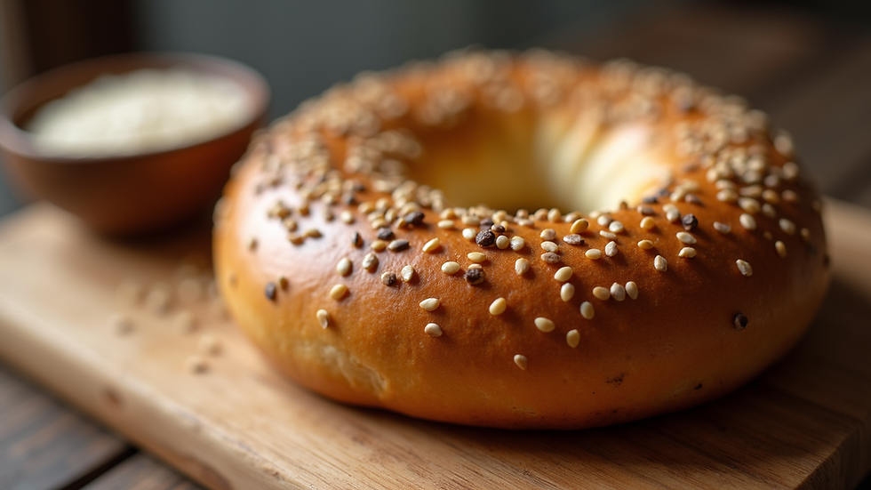 Close-up view of a golden brown bagel with sesame seeds on a wooden board