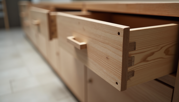 Close-up view of custom cabinet drawer with dovetail joints and soft-close hardware