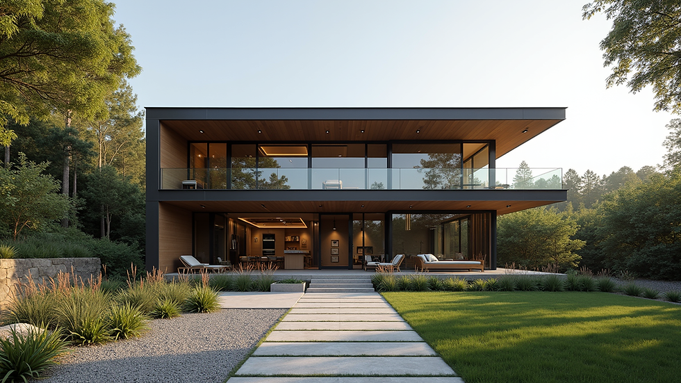 Eye-level view of a modern custom home exterior with natural landscaping