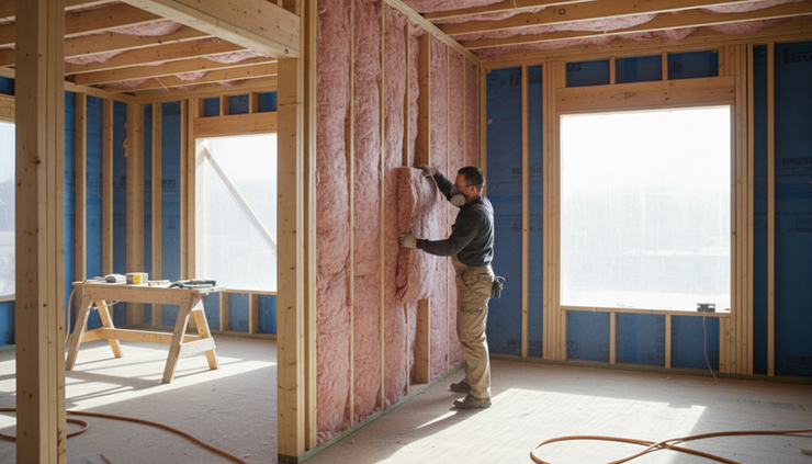 Close-up view of a craftsman installing insulation in a framed South Carolina home.