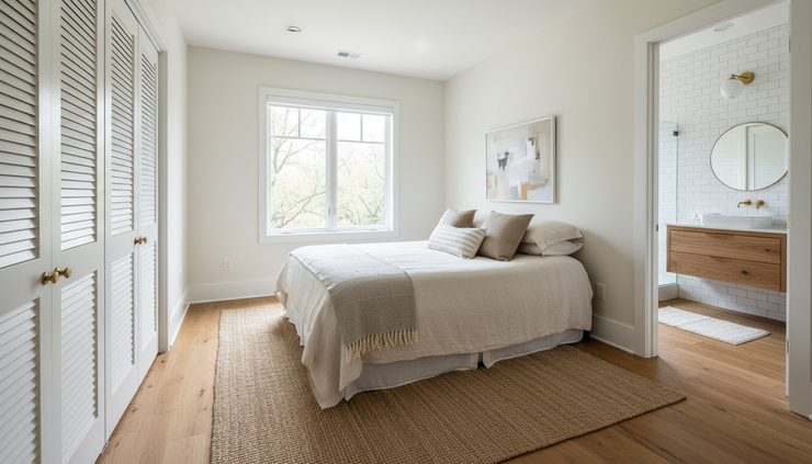 Eye-level view of a bright spare bedroom with simple furniture and a nearby full bathroom entrance