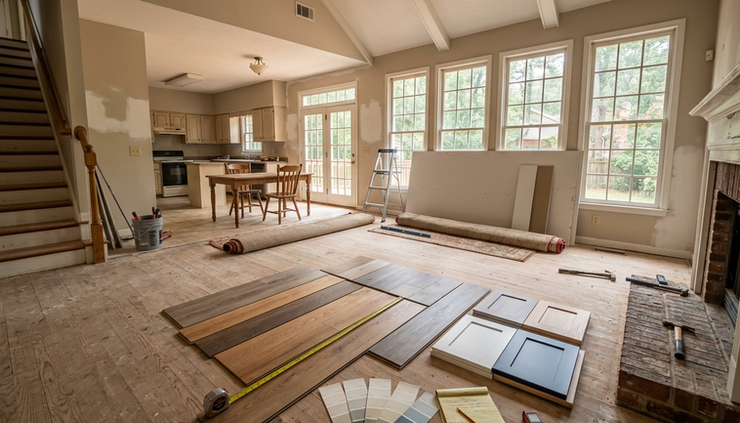 Wide-angle view of a South Carolina home interior during renovation planning