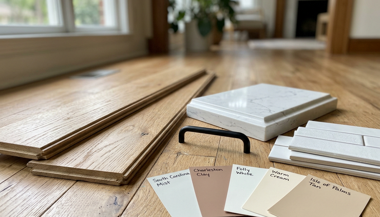 Close-up view of renovation material samples on a hardwood floor