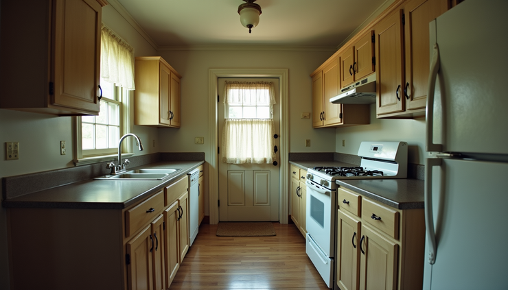 Eye-level view of a dated kitchen with old cabinets and appliances in a South Carolina home