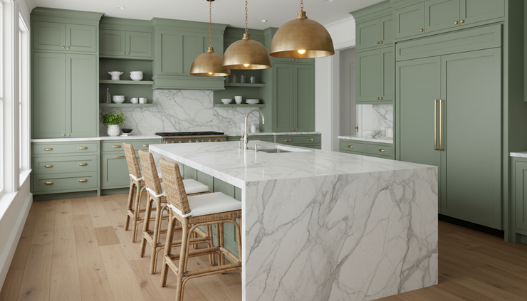 Close-up view of a custom kitchen island with seating and storage in a bright Southern home