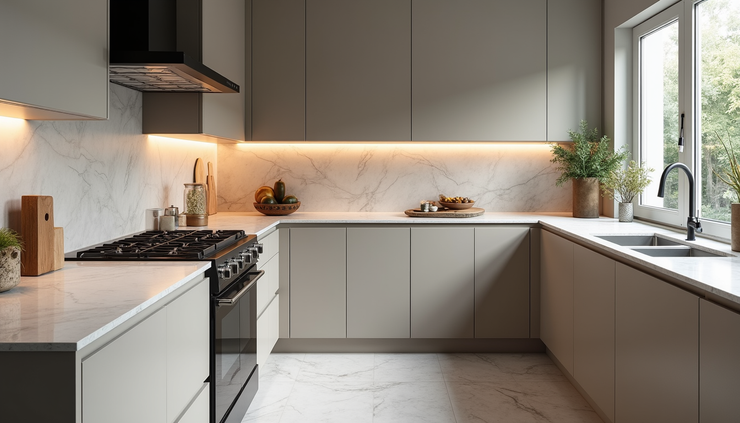 High angle view of a completed kitchen with granite countertops and custom cabinetry