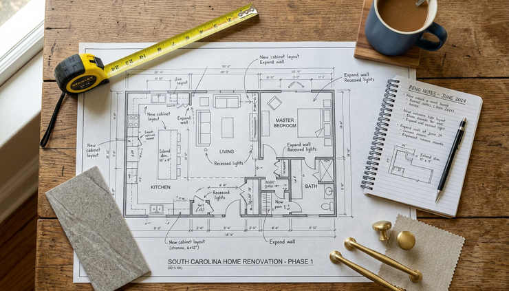 Overhead view of a renovation plan with tools and finish samples
