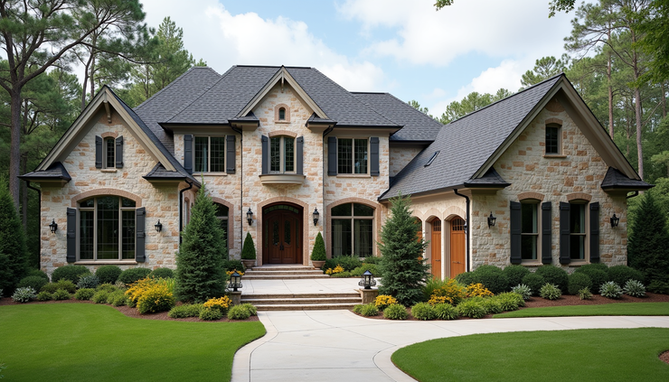 Eye-level view of a luxury custom home exterior with handcrafted stonework and lush landscaping in South Carolina