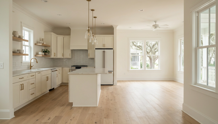 Eye-level view of an open kitchen and living area with consistent finishes